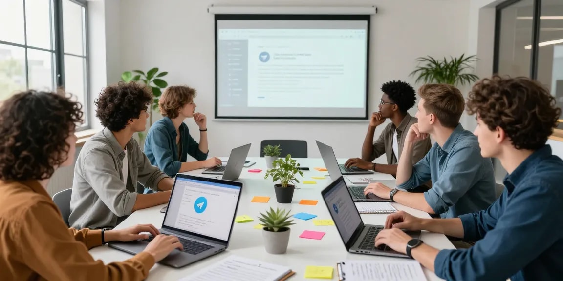 Team brainstorming enhancements for the Telegram Web Version in a modern workspace, showcasing collaboration and technology.