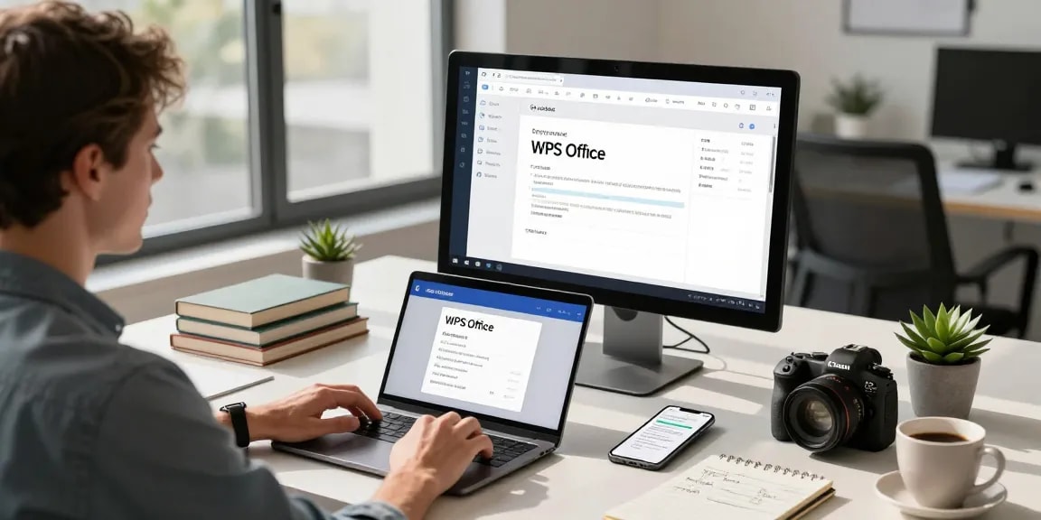 Download WPS Office in a modern workspace with technology and productivity tools.