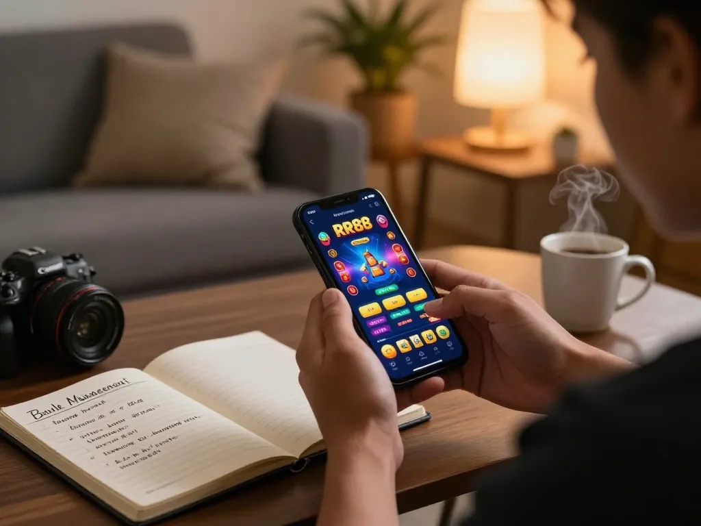 Engaging in mobile gaming on https://rr88c.mobi/, showcasing casino app strategy and responsible enjoyment in a cozy home.