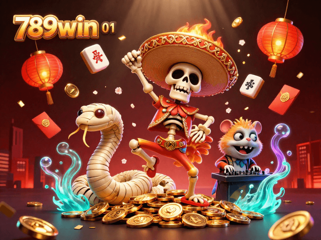 Engaging scene with 789win 01 featuring a mariachi rooster and a mummy snake in a lively casino atmosphere.