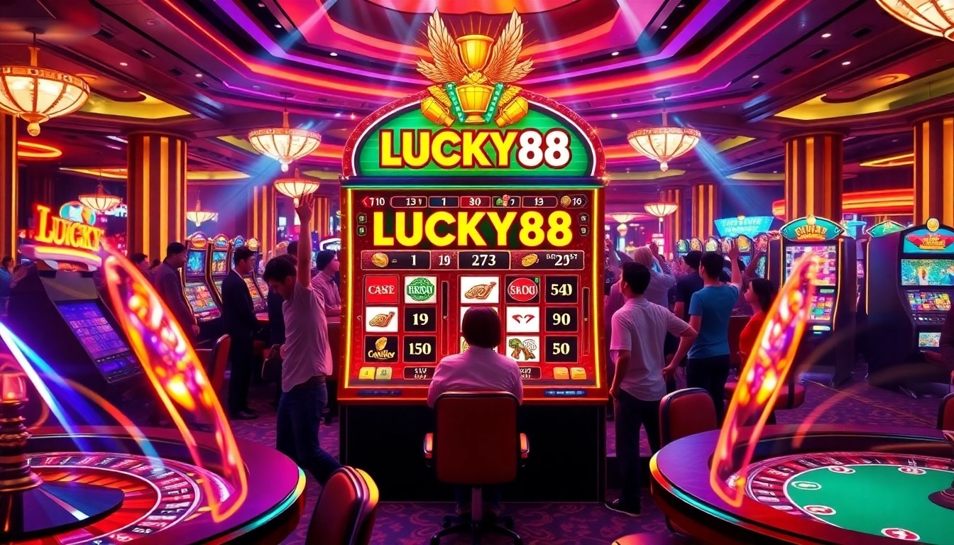 Gambling enthusiasts playing LUCKY88 slot machine amid vibrant casino atmosphere.