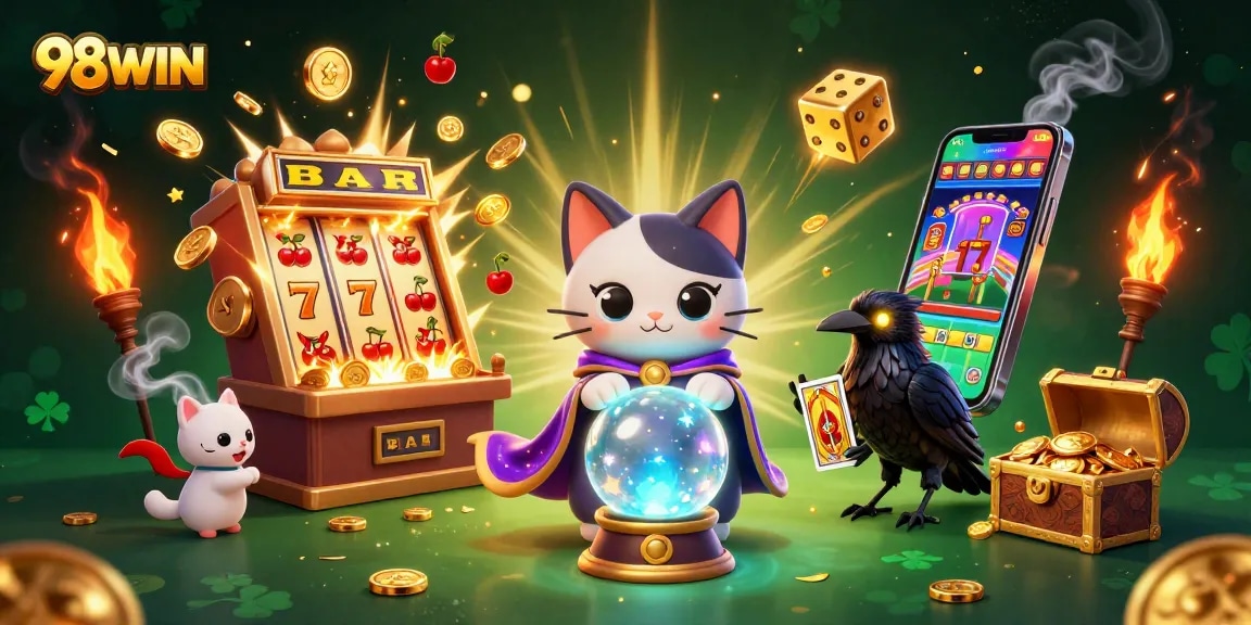 Experience the thrill of winning big with 98WIN's vibrant casino scene featuring dynamic characters and exciting game elements.