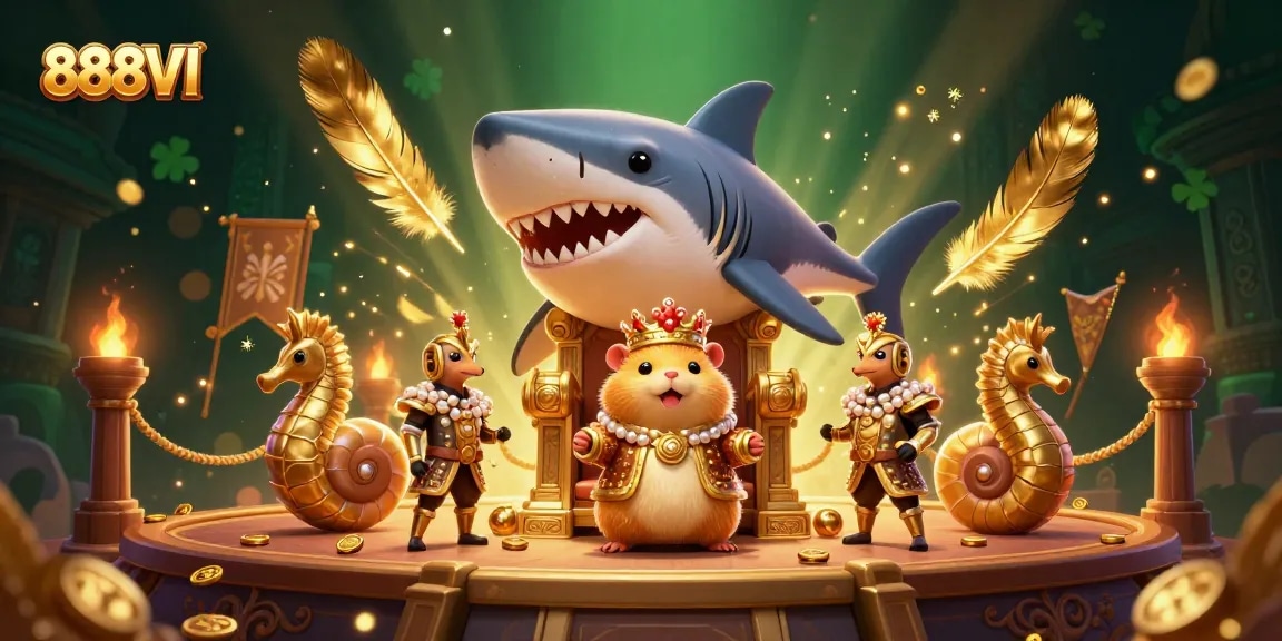 Experience exciting gaming at 888VI casino with an engaging scene of a golden hamster king amidst vibrant gambling elements.