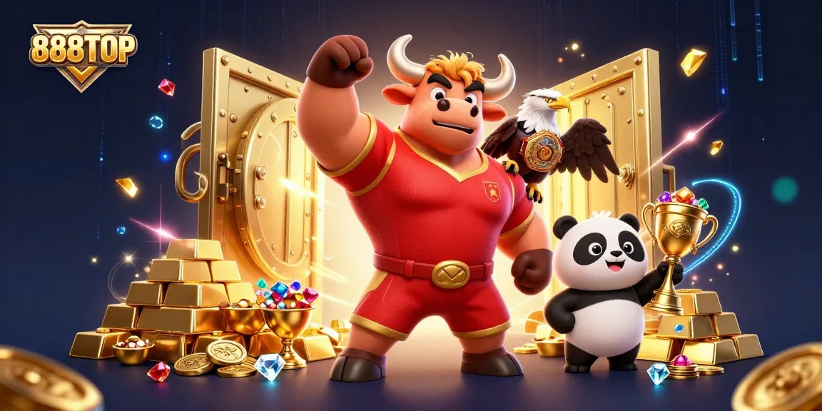 Experience the dynamic gambling world at 888TOP, featuring vibrant characters and gold treasures.