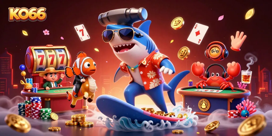 KO66 showcases a vibrant casino adventure with a shark surfing on gold coins and dynamic gambling elements.