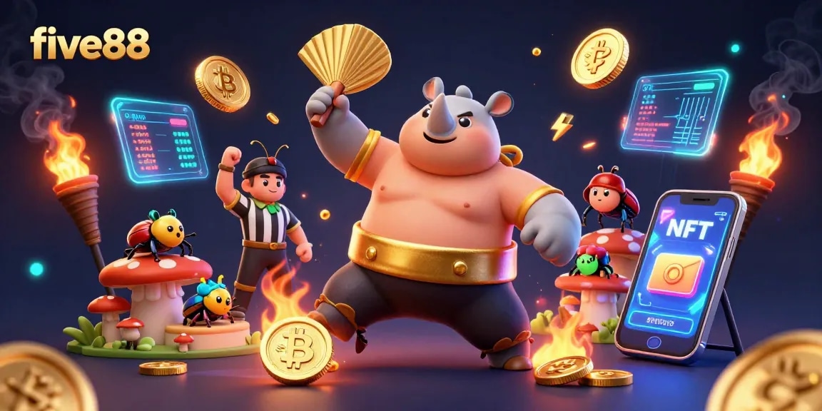 Experience the excitement of five88 with a vibrant crypto casino scene showcasing animated beetle characters.