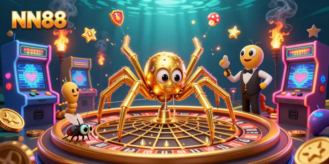 Experience thrilling gameplay at NN88 with a vibrant casino scene featuring a golden spider and interactive elements.