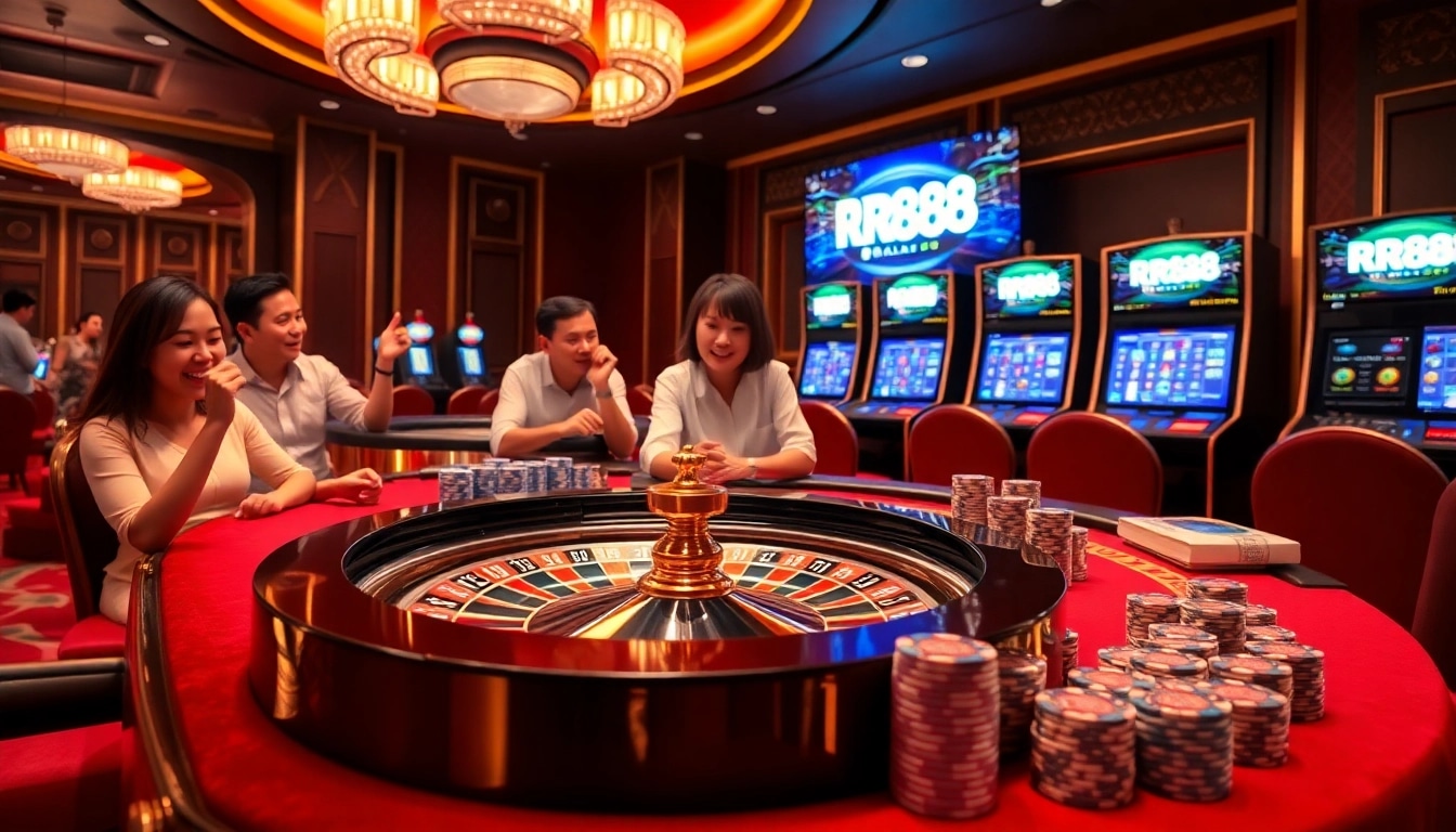 Exciting casino gameplay scene showcasing RR88 with roulette, poker chips, and players.
