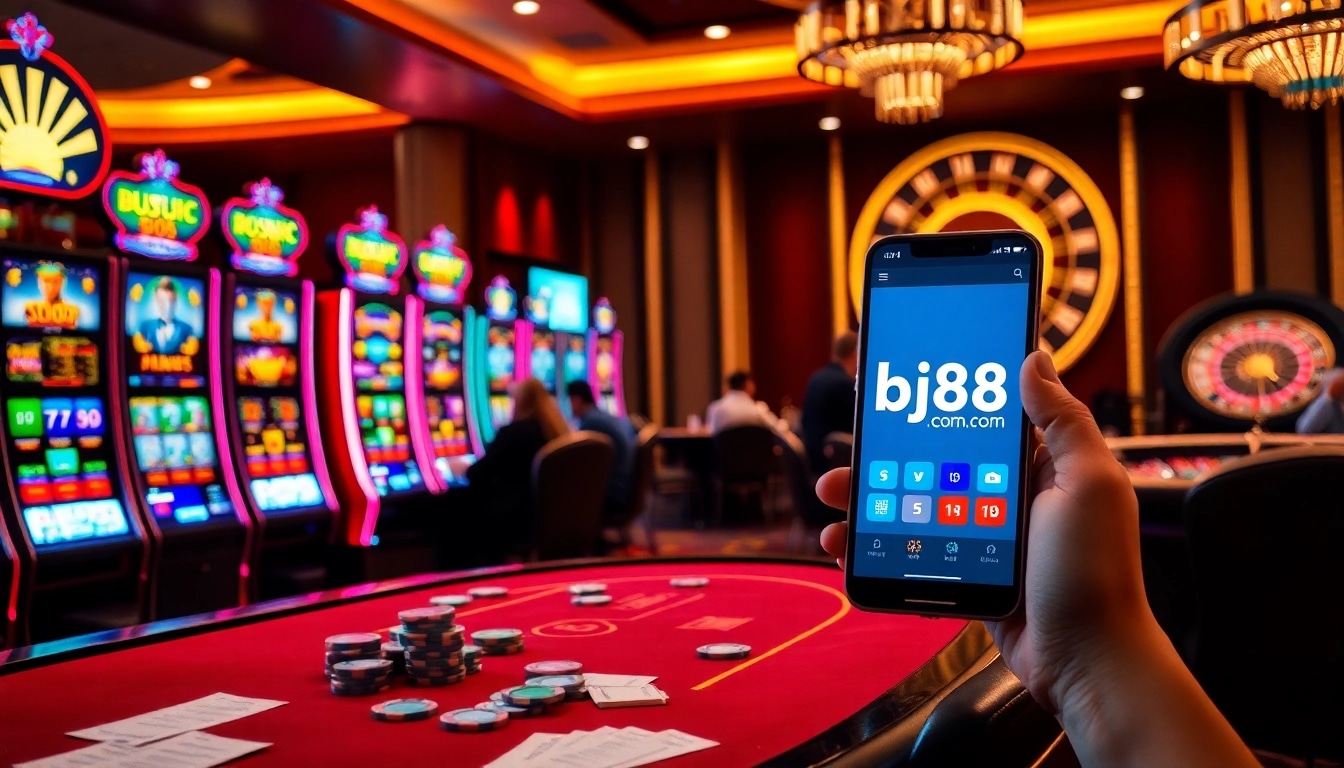 A vibrant casino scene showcasing online gambling on bj88 com with poker tables, slot machines, and roulette.