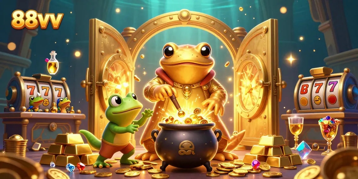 Engage with interactive 88vv slots featuring vivid symbols and characters in a vibrant 3D casino scene.