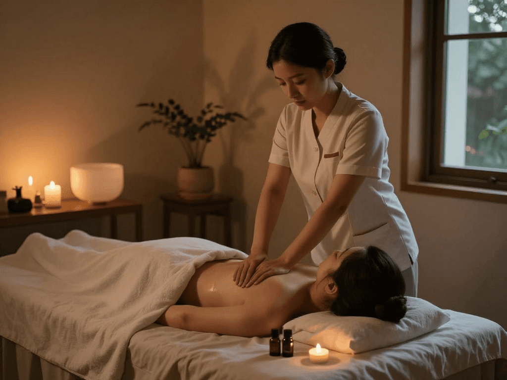 구로출장 massage therapy scene with therapist and client in calming ambiance