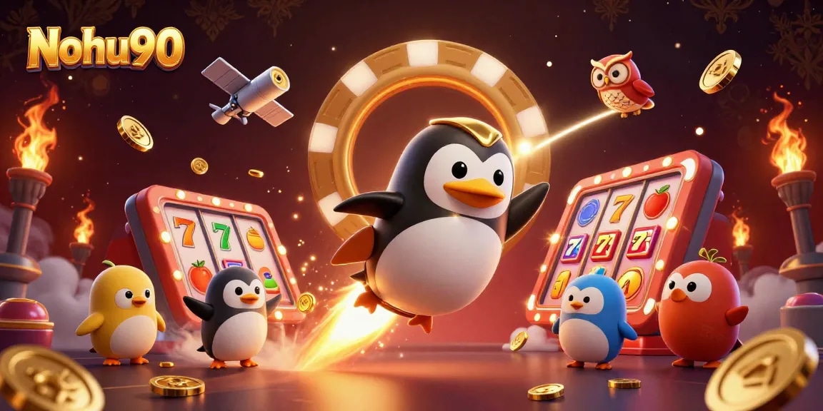 Nohu90 offers thrilling slots adventures as a golden penguin races to jackpot winnings in an exciting casino universe.