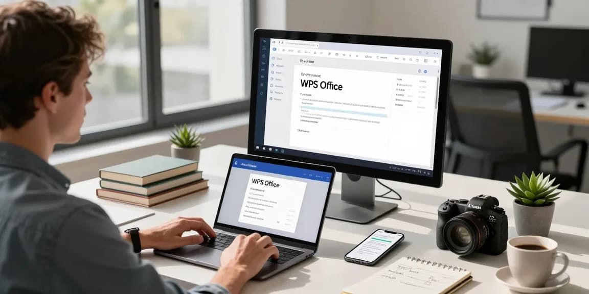 Download WPS Office in a modern workspace with technology and productivity tools.