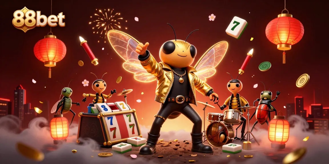 Experience the excitement of 88bet with a vibrant 3D casino scene featuring a cicada rock star and slot elements.