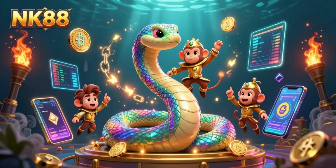 Engage with exciting gaming possibilities at NK88, featuring a vibrant undersea theme with a playful monkey king and rainbow serpent.