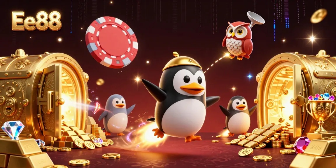 Engage with Ee88's vibrant 3D casino illustration featuring a penguin and treasure elements.