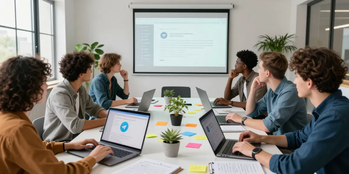 Team brainstorming enhancements for the Telegram Web Version in a modern workspace, showcasing collaboration and technology.