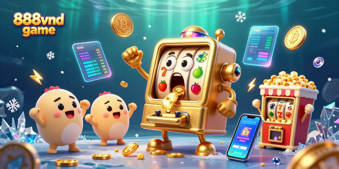 Experience the excitement of 888vnd game with colorful slot machines celebrating a jackpot amidst crypto-themed elements.
