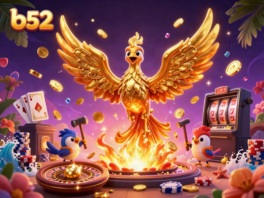 Experience the thrill of b52 with vibrant casino illustrations featuring golden phoenixes and dynamic game elements.