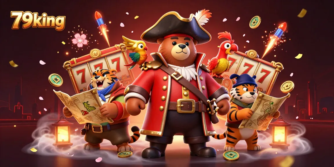 Experience thrilling fun at 79king with vibrant slot reels, a pirate captain, and his fierce tiger companion.