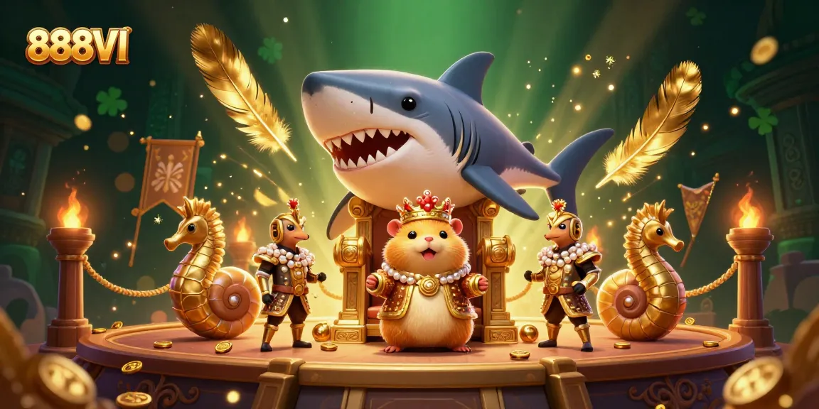 Experience exciting gaming at 888VI casino with an engaging scene of a golden hamster king amidst vibrant gambling elements.