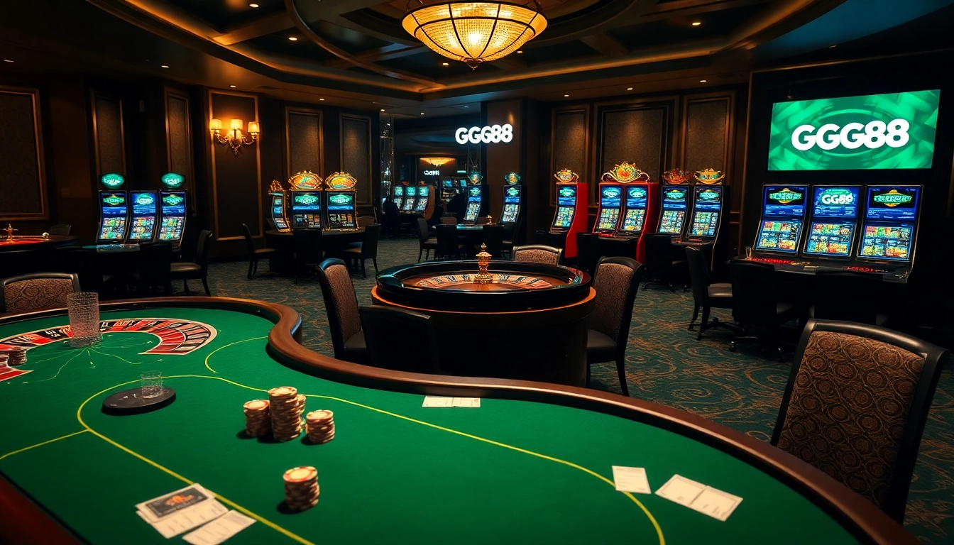 Experience the thrill of gambling at GG88, featuring luxury casino tables, poker chips, and illuminated slot machines.