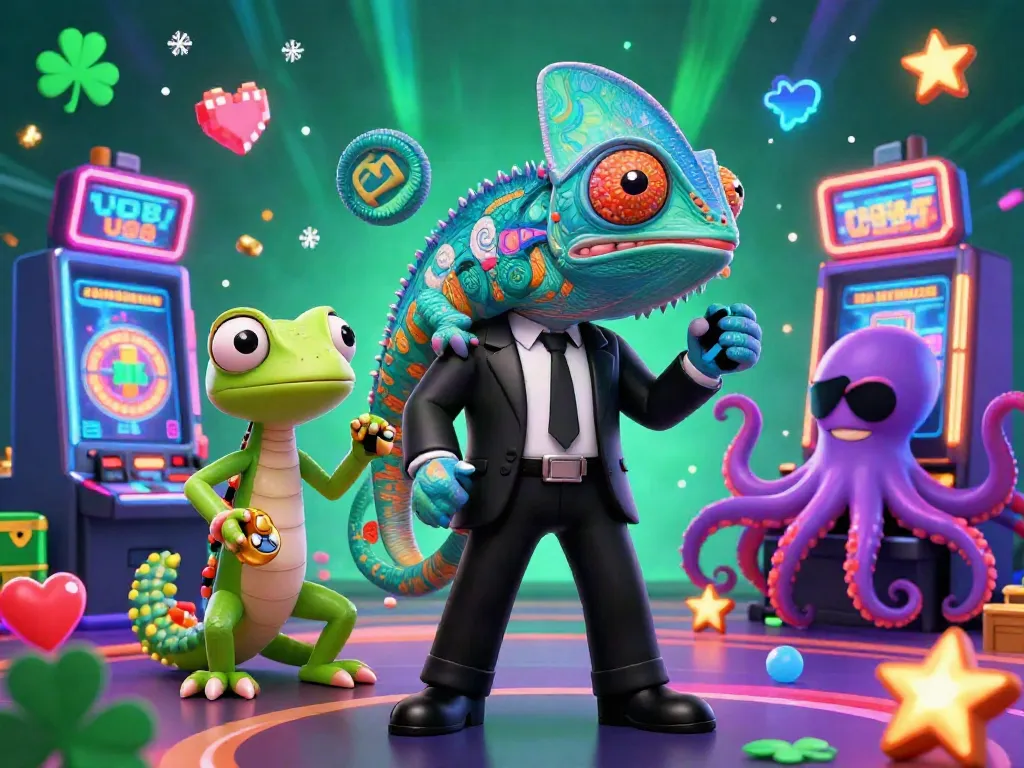Engage with UU88's vibrant casino atmosphere featuring a chameleon agent, a gadget gecko, and a villainous octopus amid dynamic gaming elements.