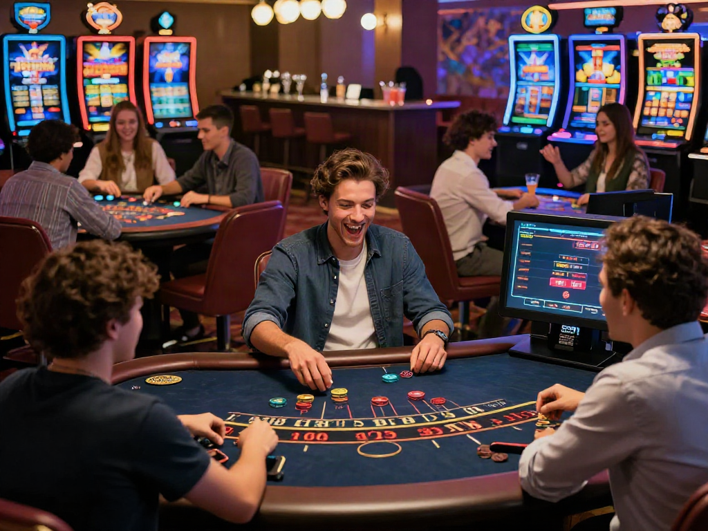 Dynamic gaming atmosphere at GEM88 online casino showcasing players celebrating wins at blackjack tables.