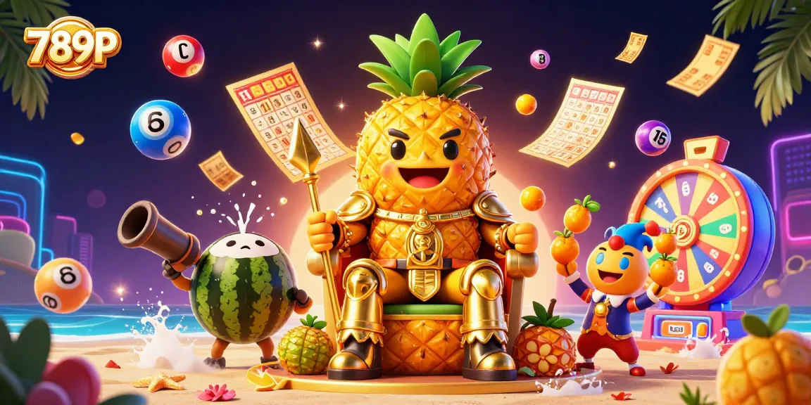 The vibrant 3D casino scene showcases 789P, featuring a golden pineapple king and lively game elements.