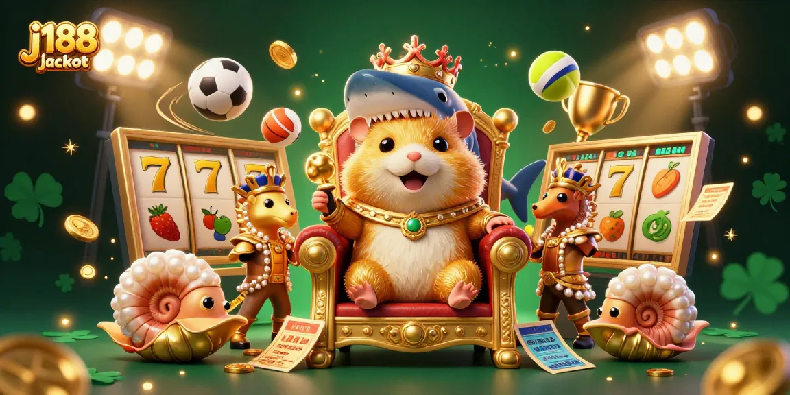 Experience the excitement of j188 jackpot with a dynamic scene featuring a golden hamster king and slot game elements.