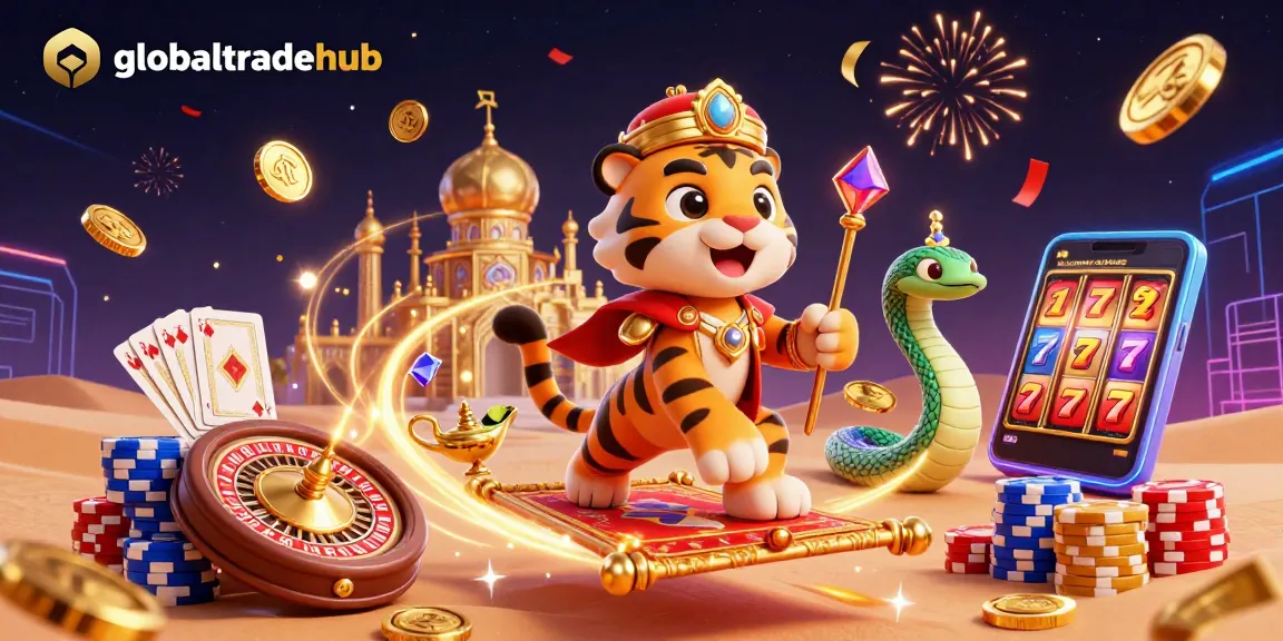 Experience thrills at globaltradehub with an exciting 3D casino illustration featuring vibrant game elements.