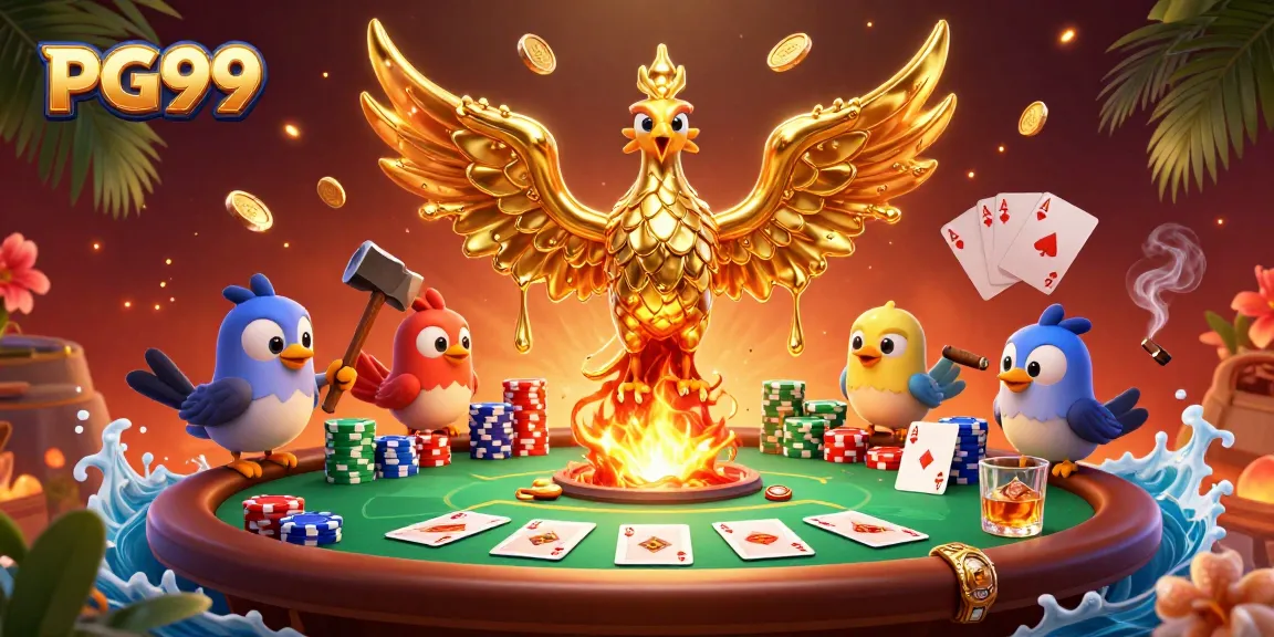 Engage in thrilling gaming action at PG99 with a molten gold phoenix and vibrant casino elements.