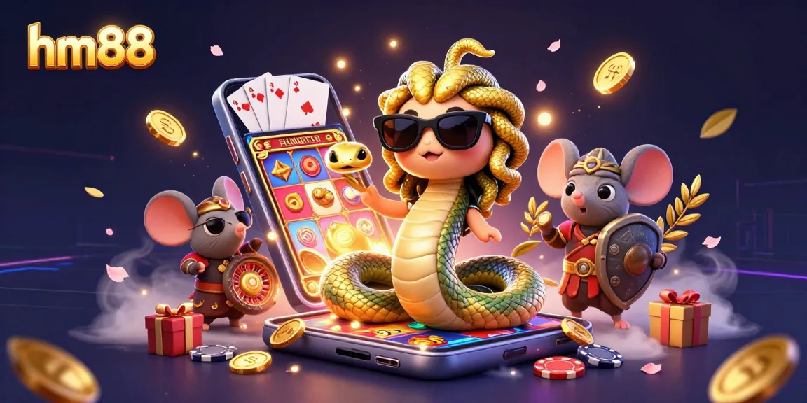 Spin the reels at hm88 featuring cartoon Medusa and a warrior mouse in a vibrant casino scene.