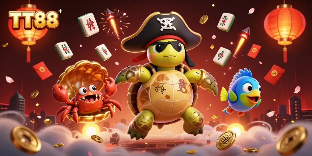 Experience the thrill of TT88 casino games with a vibrant 3D illustration showcasing pirate-themed characters and floating gaming elements