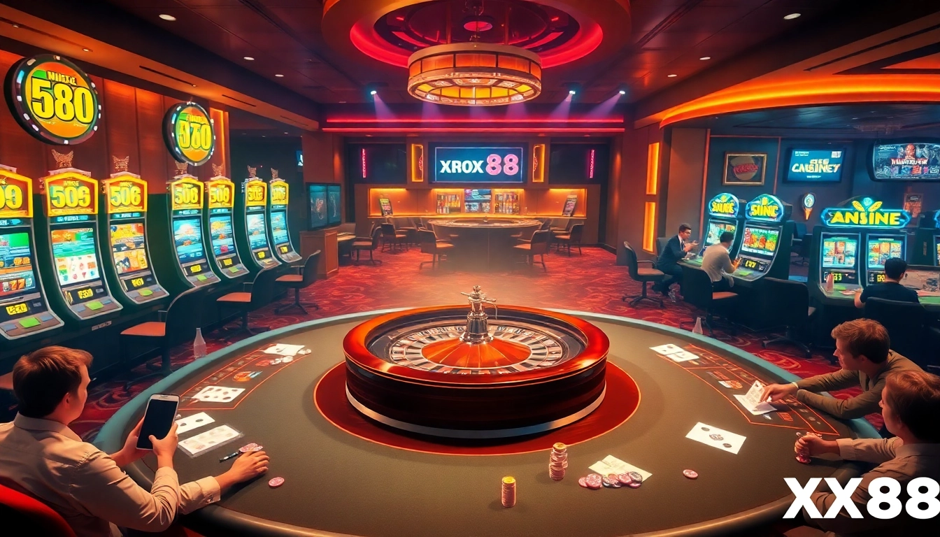 Action-packed gambling scene at XX88 with casino tables, slot machines, and roulette wheel.