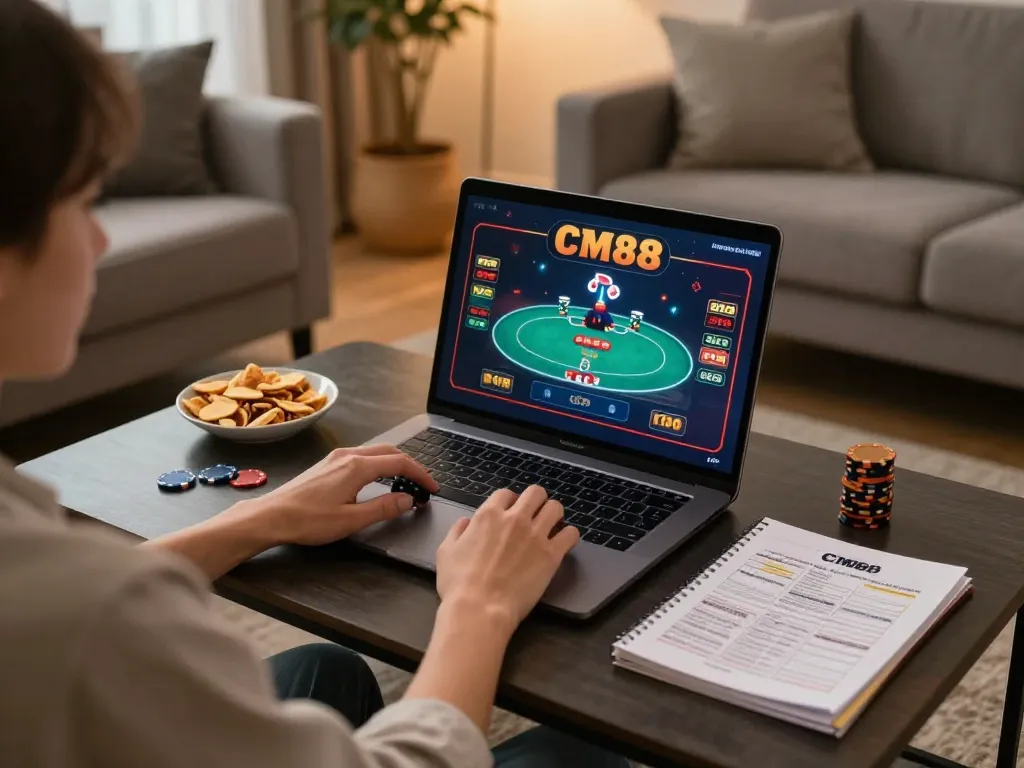 Engaged player enjoying CM88 casino games on a laptop in a cozy living room, promoting responsible gaming.
