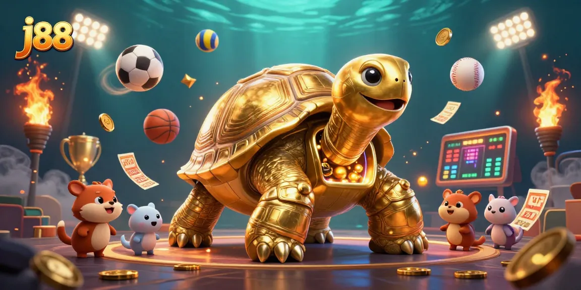 Engage in the thrilling j88 experience with a golden tortoise-themed pinball machine and excited players.