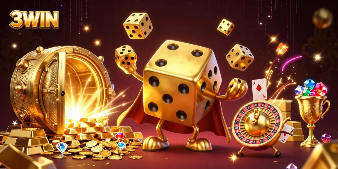 3WIN casino promotional illustration featuring golden dice and treasure, showcasing vibrant gaming atmosphere.