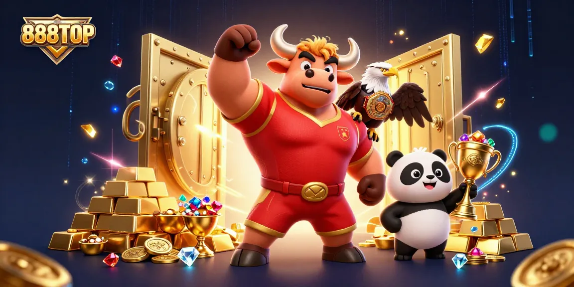 Experience the dynamic gambling world at 888TOP, featuring vibrant characters and gold treasures.