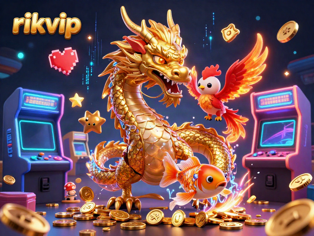 Experience the thrill of rikvip with a dynamic 3D casino illustration featuring dragons, phoenixes, and coins.