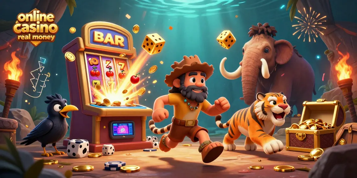 Engage in online casino games real money with a vivid prehistoric casino scene featuring cavemen and jackpots.