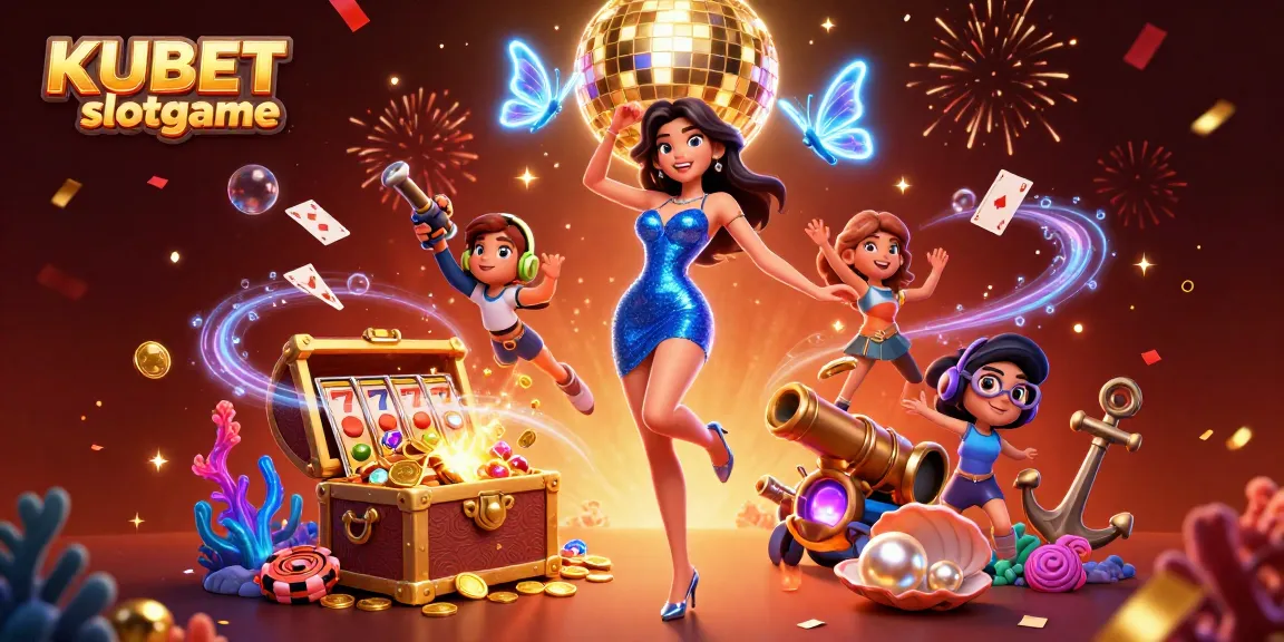Experience KUBET slotgame with vibrant graphics and dynamic casino elements in this 3D illustration.