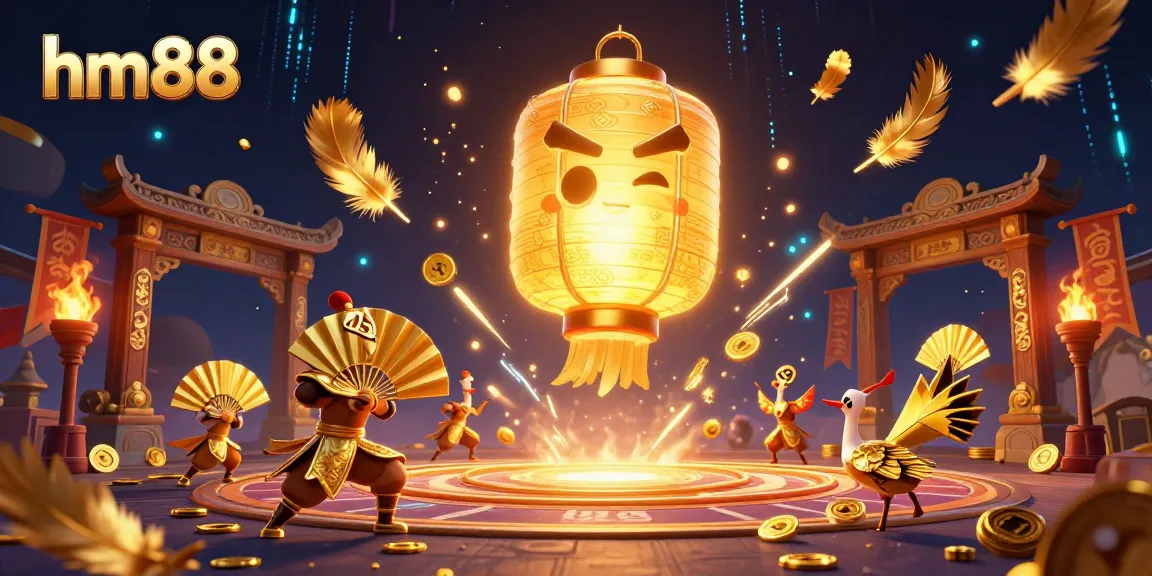 Experience thrilling gameplay at hm88 with a golden lantern spirit and casino warriors in an enchanting scene.
