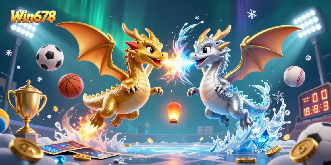 Win678 offers thrilling gaming experiences with cartoon dragons and dynamic sports elements in an exciting casino setting.