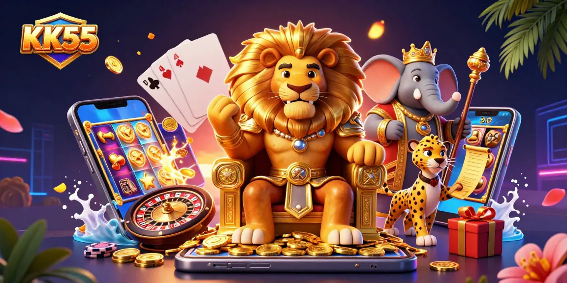Experience the thrilling action of KK55 with a lion king and vibrant casino elements in this stunning illustration.
