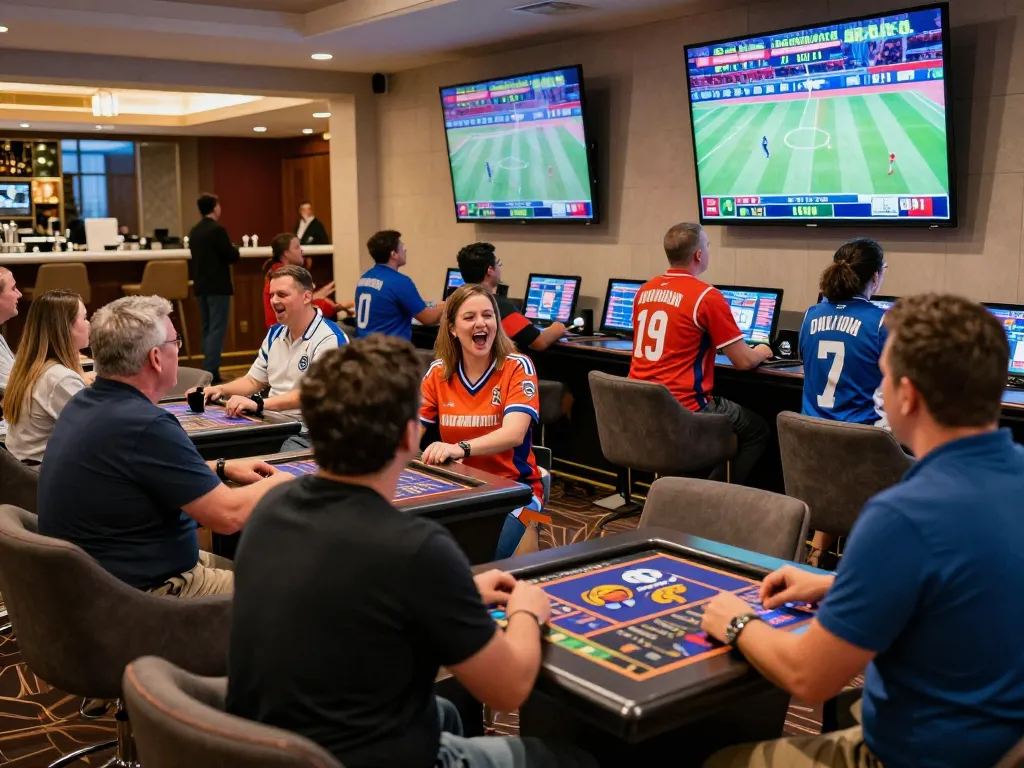 va88 sports betting scene with fans cheering and placing bets at upscale casino lounge