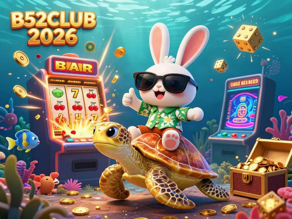 B52CLUB 2026 showcases a lucky rabbit and golden turtle in a vibrant casino scene with slots and treasures.