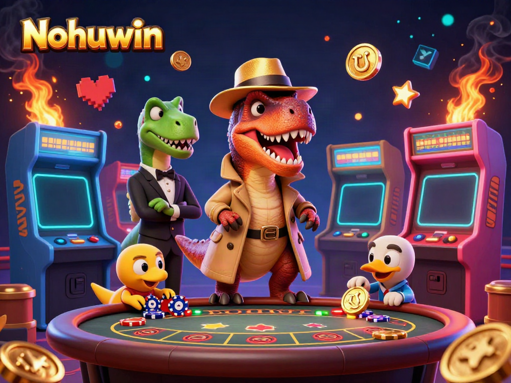 Experience thrilling gameplay at Nohuwin with a dynamic casino scene of characters amid colorful gaming elements.