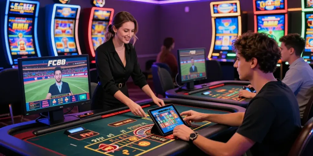 Engaging gaming scene at FC88 online casino with players at roulette and using tablets.