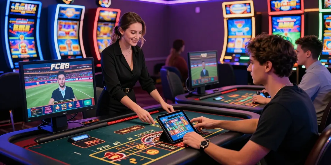 Engaging gaming scene at FC88 online casino with players at roulette and using tablets.